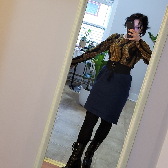 Vintage 80s 90s knee length dark wash high waist denim pencil skirt small - Picture 2 of 11